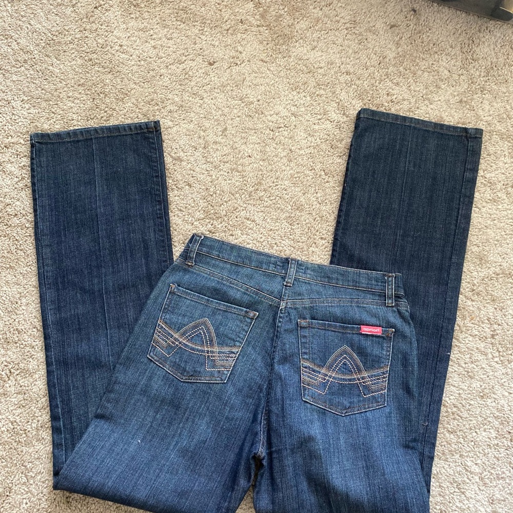 Apriori Women's Vintage 90’s mid rise wide leg fur trim jeans Sz 8 long blue - Picture 3 of 7